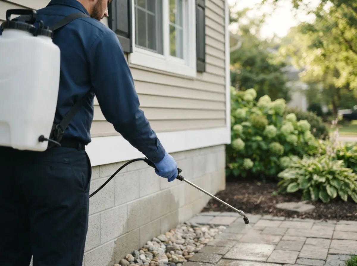 Pest control technician inspecting a home in Vassar, MI